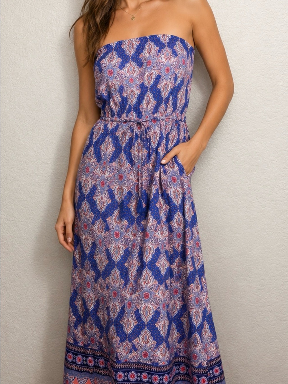 New Look Blue Paisley-Print Strapless Maxi Dress with Pink Accents